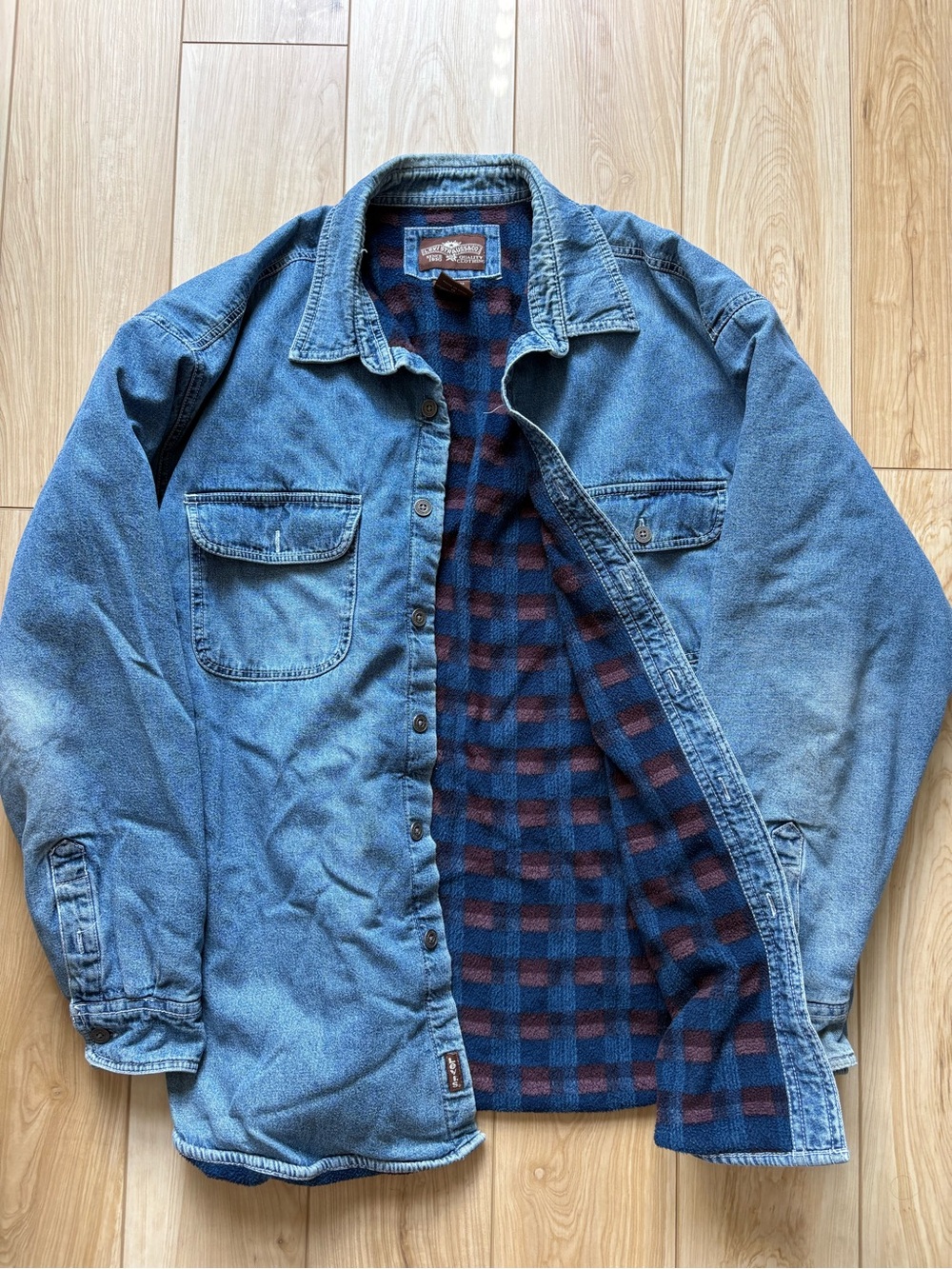 Levi's Vintage Distressed Blue Denim Shirt Jacket with Plaid Flannel Lining